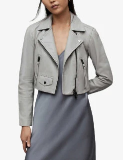 AllSaints Elora Cropped Leather Biker Jacket 7 AllSaints Elora Cropped Leather Biker Jacket -Women Clothing Store R03672231 PALEGREY ALT02