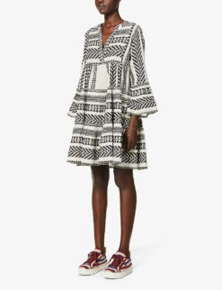 Devotion Twins Ella Flared-sleeve Cotton Mini Dress -Women Clothing Store R03886532 BLACKOFFWHITE ALT02