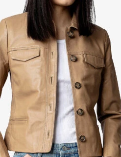 Zadig & Voltaire Liam Classic-collar Button-up Leather Jacket -Women Clothing Store R03909559 COGNAC ALT04