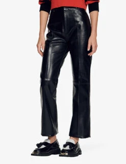 Sandro Dumont Flared High-rise Leather Trousers 7 Sandro Dumont Flared High-rise Leather Trousers -Women Clothing Store R03948082 NOIRGRIS ALT02