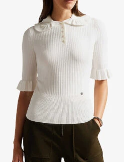 Ted Baker Kebella Frilled-collar Ribbed-knit Polo Shirt -Women Clothing Store R03999041 WHITE ALT02