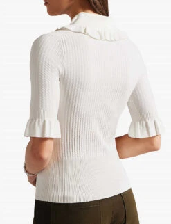 Ted Baker Kebella Frilled-collar Ribbed-knit Polo Shirt -Women Clothing Store R03999041 WHITE ALT03