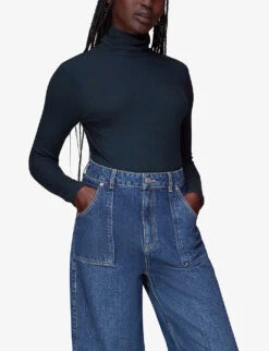 Whistles Ribbed Polo-neck Stretch-woven Top -Women Clothing Store R04044632 NAVY ALT02