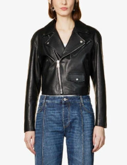 Bottega Veneta Cropped Notched-lapel Regular-fit Leather Jacket -Women Clothing Store R04064599 BLACK ALT02