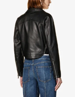 Bottega Veneta Cropped Notched-lapel Regular-fit Leather Jacket -Women Clothing Store R04064599 BLACK ALT03