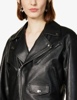 Bottega Veneta Cropped Notched-lapel Regular-fit Leather Jacket -Women Clothing Store R04064599 BLACK ALT04
