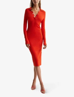 Reiss Press Stud-embellished Ribbed Knitted Midi Dress -Women Clothing Store R04068093 CORAL ALT02