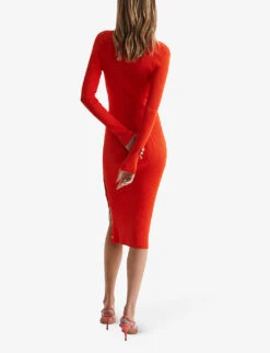Reiss Press Stud-embellished Ribbed Knitted Midi Dress -Women Clothing Store R04068093 CORAL ALT03