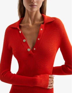 Reiss Press Stud-embellished Ribbed Knitted Midi Dress -Women Clothing Store R04068093 CORAL ALT04