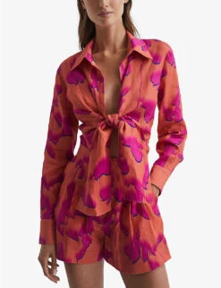Reiss Corrine Floral-print Tie-front Woven Top -Women Clothing Store R04068148 PINKORANGE ALT02