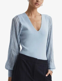 Reiss Brooklyn Balloon-sleeve Woven Top -Women Clothing Store R04068254 LIGHTBLUE ALT02