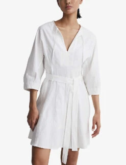 Reiss Freida Tie-neck Lyocell-blend Mini Dress -Women Clothing Store R04082304 CREAM ALT02