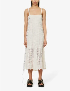 Crochet Square-neck Linen Midi Dress -Women Clothing Store R04089686 WHITE ALT02