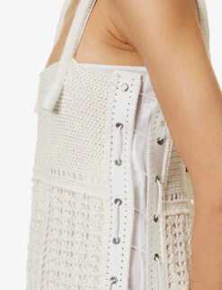 Crochet Square-neck Linen Midi Dress -Women Clothing Store R04089686 WHITE ALT05