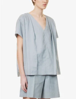 Joseph Fletcher V-neck Ramie Blouse -Women Clothing Store R04095281 DUSTYBLUE ALT02