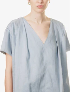 Joseph Fletcher V-neck Ramie Blouse -Women Clothing Store R04095281 DUSTYBLUE ALT04