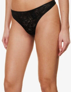 Calvin Klein Sheer Marquisette Mid-rise Stretch-lace Thong -Women Clothing Store R04096772 BLACK ALT02