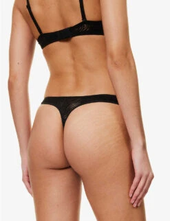 Calvin Klein Sheer Marquisette Mid-rise Stretch-lace Thong -Women Clothing Store R04096772 BLACK ALT03