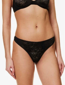 Calvin Klein Sheer Marquisette Mid-rise Stretch-lace Thong -Women Clothing Store R04096772 BLACK ALT04