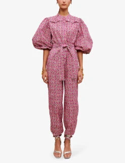 Maje Pyad Floral-print Puff-sleeve Cotton Jumpsuit -Women Clothing Store R04101875 ROSES ALT02