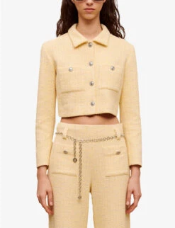 Maje Villo Checked Cropped Stretch-tweed Jacket -Women Clothing Store R04101923 JAUNESORANGES ALT02