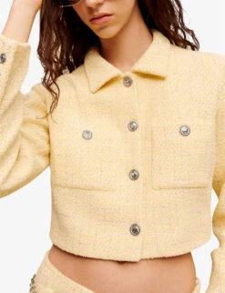 Maje Villo Checked Cropped Stretch-tweed Jacket -Women Clothing Store R04101923 JAUNESORANGES ALT04