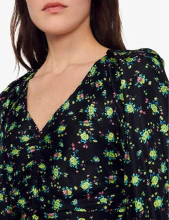 Sandro Novalee Floral-print Ruched Woven Mini Dress -Women Clothing Store R04102365 NOIRGRIS ALT04