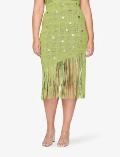 Sandro Anne Laure Fringe-embellished Woven Midi Skirt -Women Clothing Store R04102681 VERTS ALT02