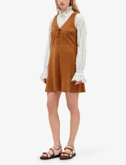 CLAUDIE PIERLOT Cook Lace-neckline Flared-skirt Suede Mini Dress -Women Clothing Store R04103400 BRUNS ALT02