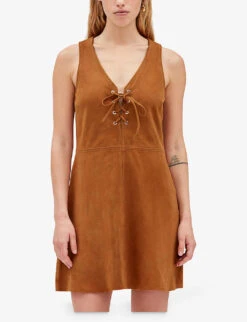 CLAUDIE PIERLOT Cook Lace-neckline Flared-skirt Suede Mini Dress -Women Clothing Store R04103400 BRUNS ALT04