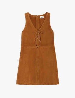 Women Clothing Store 29 CLAUDIE PIERLOT Cook Lace-neckline Flared-skirt Suede Mini Dress