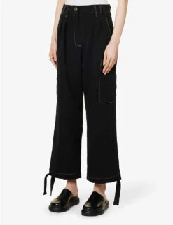 Patch Wide-leg High-rise Woven Trousers -Women Clothing Store R04109271 BLACK ALT02
