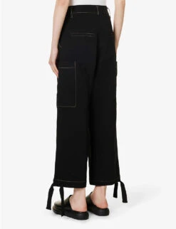 Patch Wide-leg High-rise Woven Trousers -Women Clothing Store R04109271 BLACK ALT03