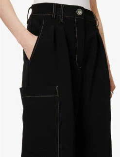 Patch Wide-leg High-rise Woven Trousers -Women Clothing Store R04109271 BLACK ALT05