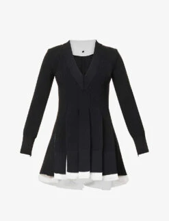 Sacai V-neck Pleated Woven Knit Midi Dress