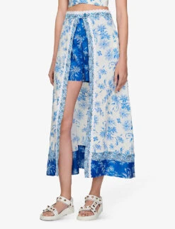 Sandro Albertville Floral-print Linen-blend Midi Skirt -Women Clothing Store R04111314 BLEUS ALT02
