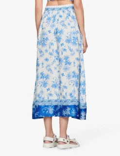Sandro Albertville Floral-print Linen-blend Midi Skirt -Women Clothing Store R04111314 BLEUS ALT03