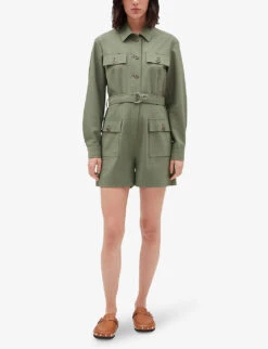 CLAUDIE PIERLOT Janis Belted Collared Stretch-woven Playsuit -Women Clothing Store R04119113 VERTS ALT02