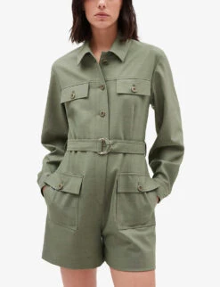 CLAUDIE PIERLOT Janis Belted Collared Stretch-woven Playsuit -Women Clothing Store R04119113 VERTS ALT04