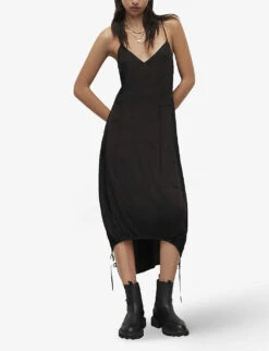 AllSaints Kaye Drawcord-hem Recycled Polyester-blend Maxi Dress 8 AllSaints Kaye Drawcord-hem Recycled Polyester-blend Maxi Dress -Women Clothing Store R04127005 BLACK ALT02