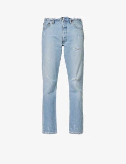 Distressed Straight-leg Mid-rise Upcycled Denim Jeans