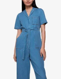 Whistles Ciara Open-collar Elasticated-back Cotton Jumpsuit -Women Clothing Store R04140094 BLUE ALT02