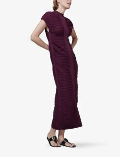 High-neck Pleated Relaxed-fit Knitted Maxi Dress -Women Clothing Store R04141936 BURGUNDY ALT02