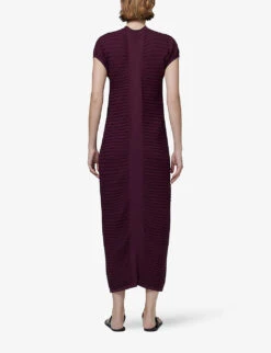 High-neck Pleated Relaxed-fit Knitted Maxi Dress -Women Clothing Store R04141936 BURGUNDY ALT04