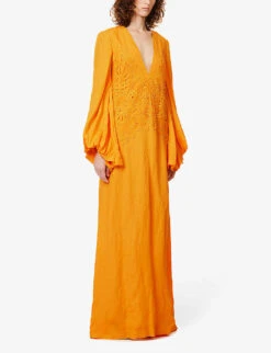 Katana Puff-sleeve Rayon And Linen-blend Maxi Dress -Women Clothing Store R04144899 TANGERINE ALT02