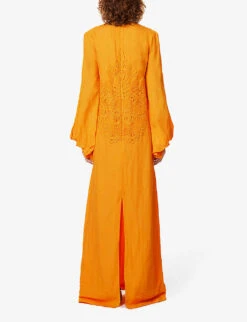Katana Puff-sleeve Rayon And Linen-blend Maxi Dress -Women Clothing Store R04144899 TANGERINE ALT03