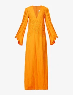 Katana Puff-sleeve Rayon And Linen-blend Maxi Dress