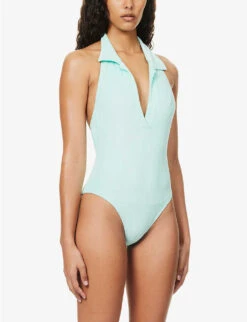Polo V-neck Cotton-blend Swimsuit -Women Clothing Store R04145025 SEAFOAMTERRY ALT02