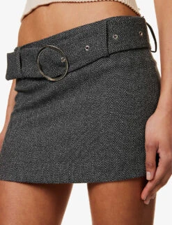 Elbe Belted Woven Mini Skirt -Women Clothing Store R04147069 GREY ALT04