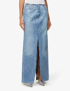 Split Raw-hem Upcycled Denim Maxi Skirt -Women Clothing Store R04149756 BLUE ALT02